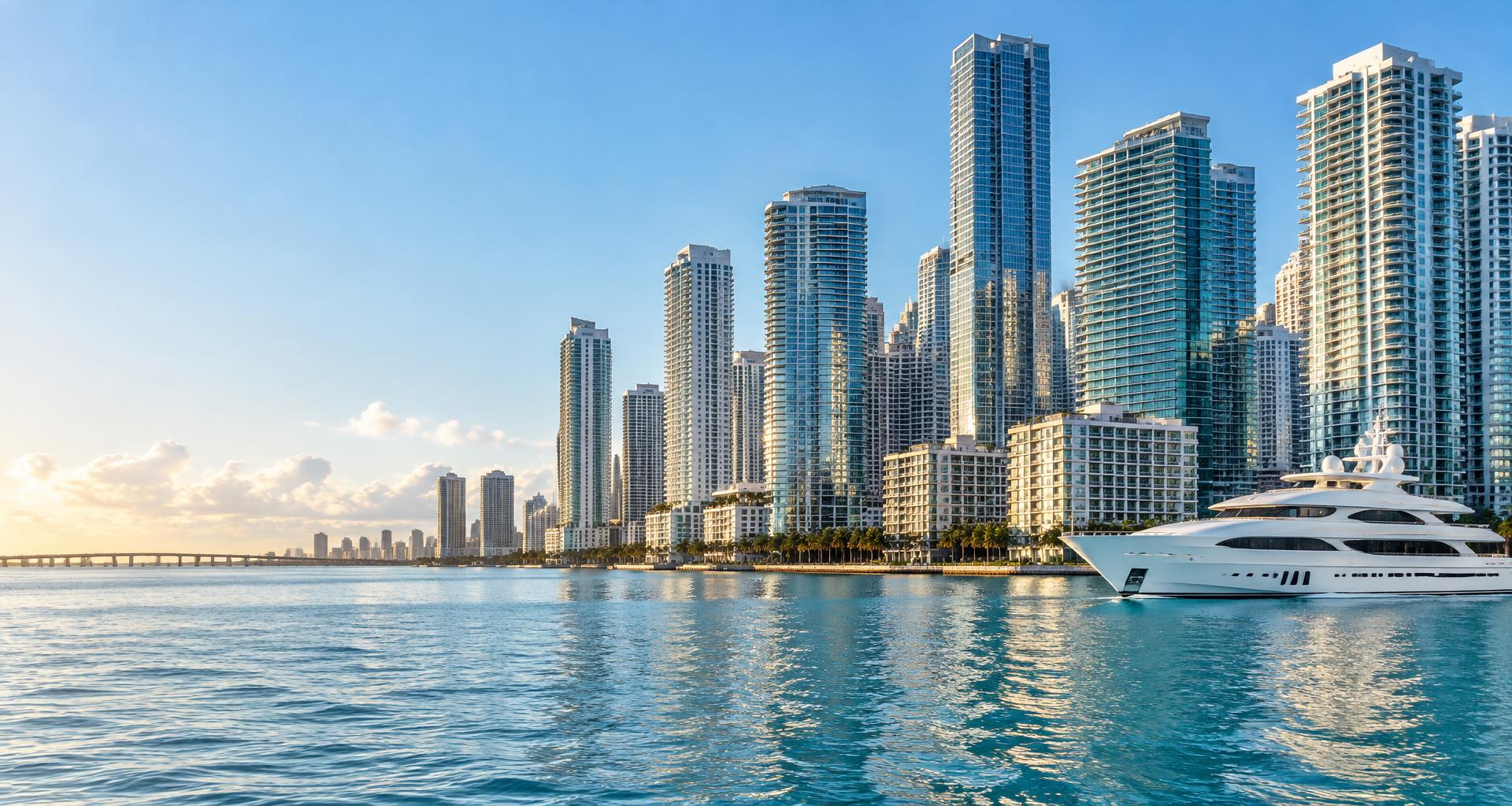 Brickell waterfront, Biscayne Bay and a yacht